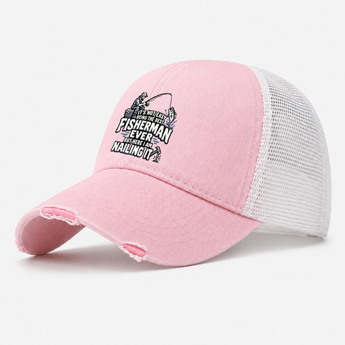 Best Fisherman Ever Nailing It Washed Trucker Hat – Light Pink