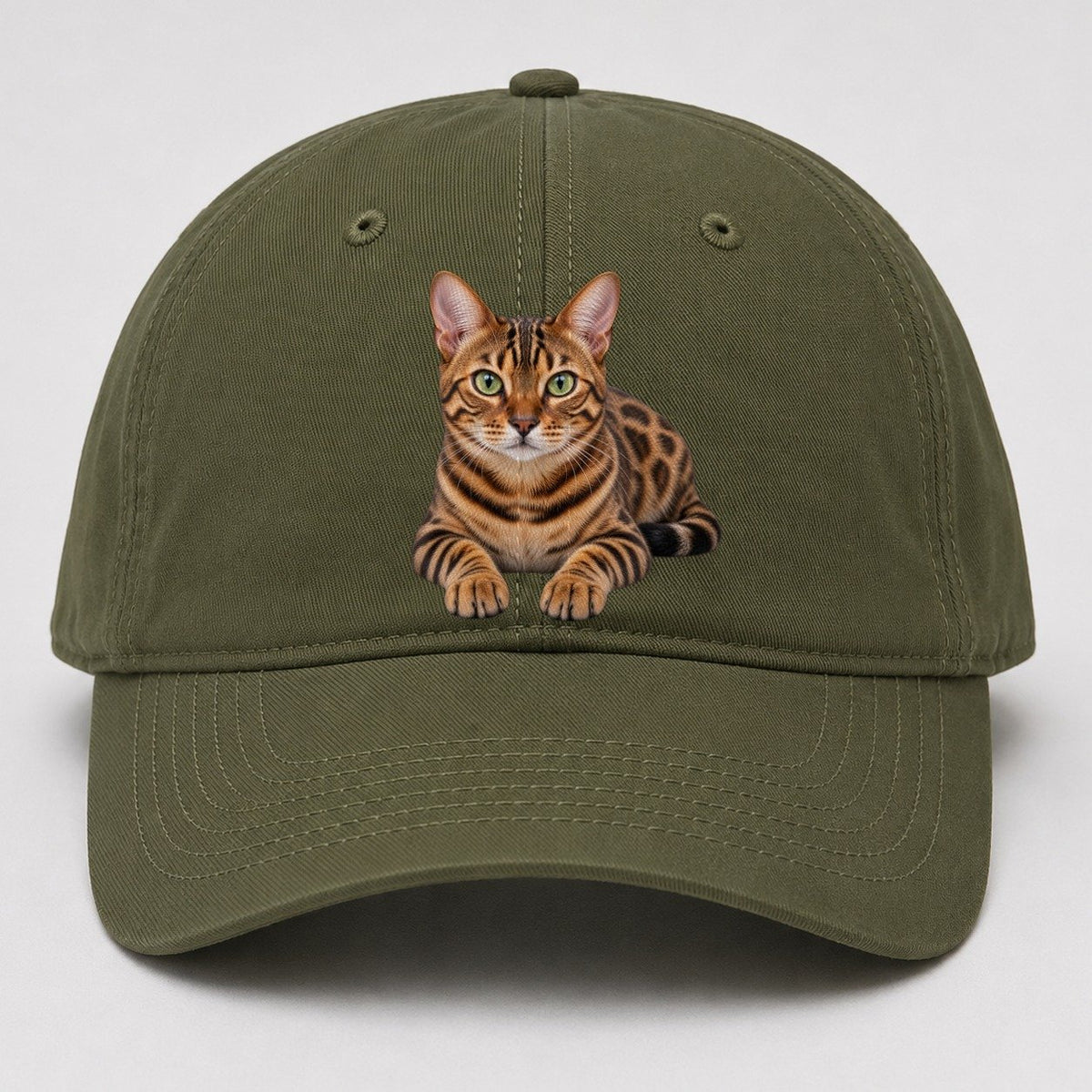 Bengal Reclining Paws Forward Realistic Cat Portrait Baseball Cap – Army Green