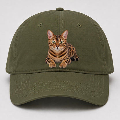 Bengal Reclining Paws Forward Realistic Cat Portrait Baseball Cap – Army Green