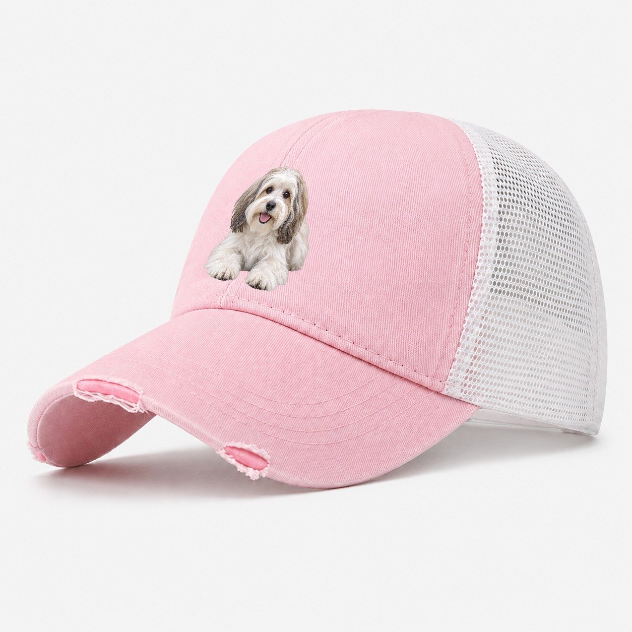 Havanese Lying Down Top Breeds Washed Trucker Hat – Light Pink