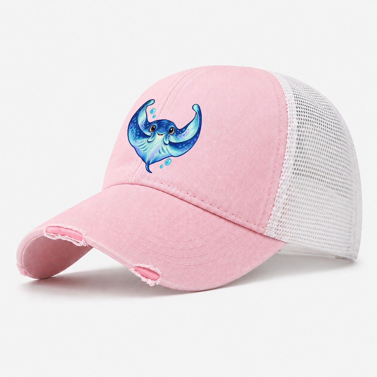 Manta Ray Wing Hug Sea Sprite Washed Trucker Hat – Light Pink