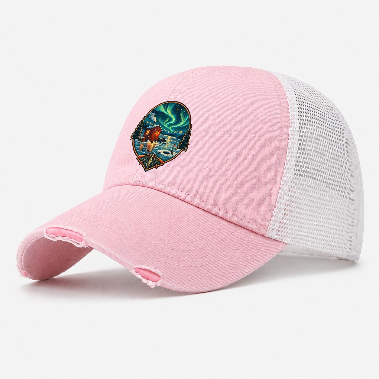 Northern Ice Shack Night Fishing Club Washed Trucker Hat – Light Pink