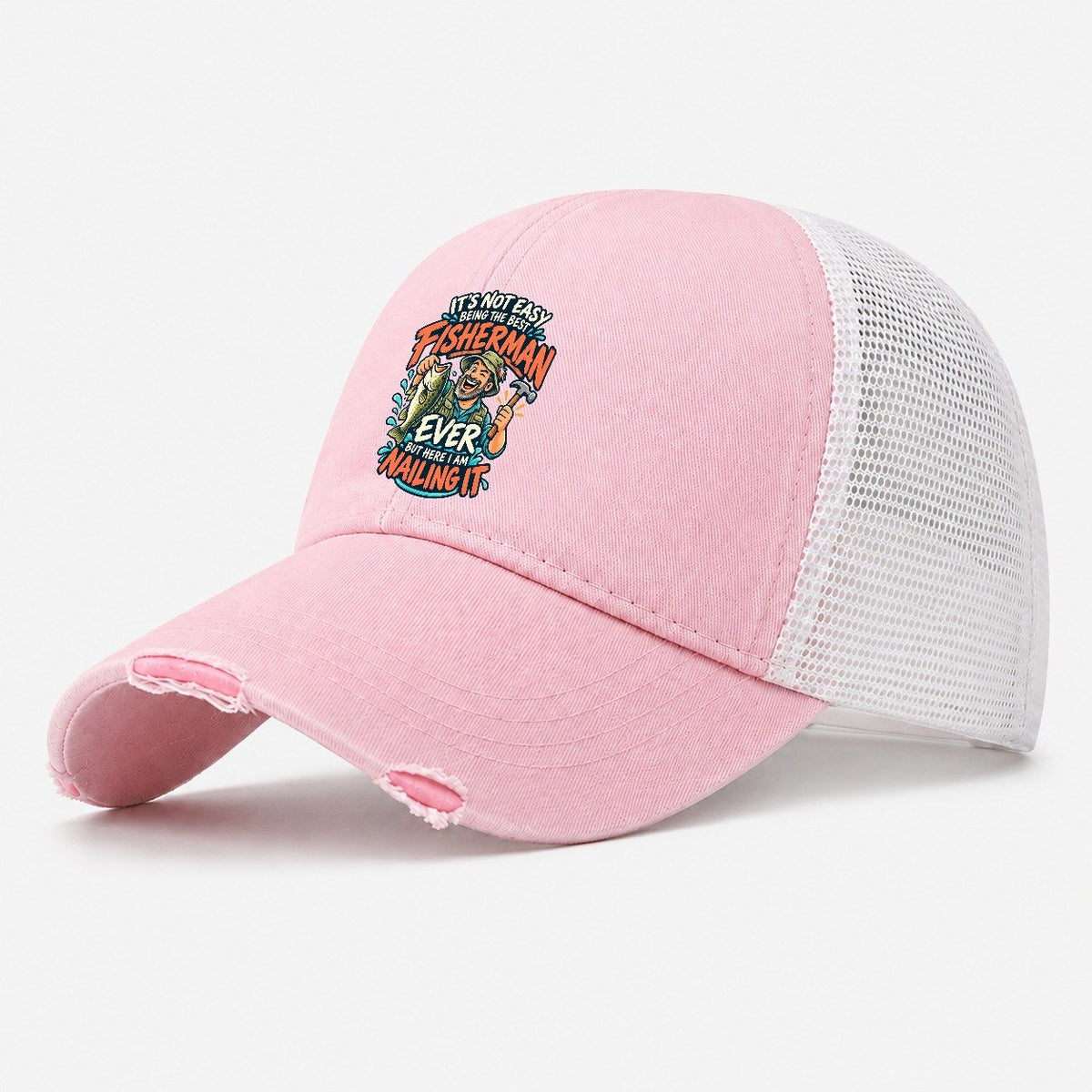 Best Fisherman Ever Nailing It Washed Trucker Hat – Light Pink
