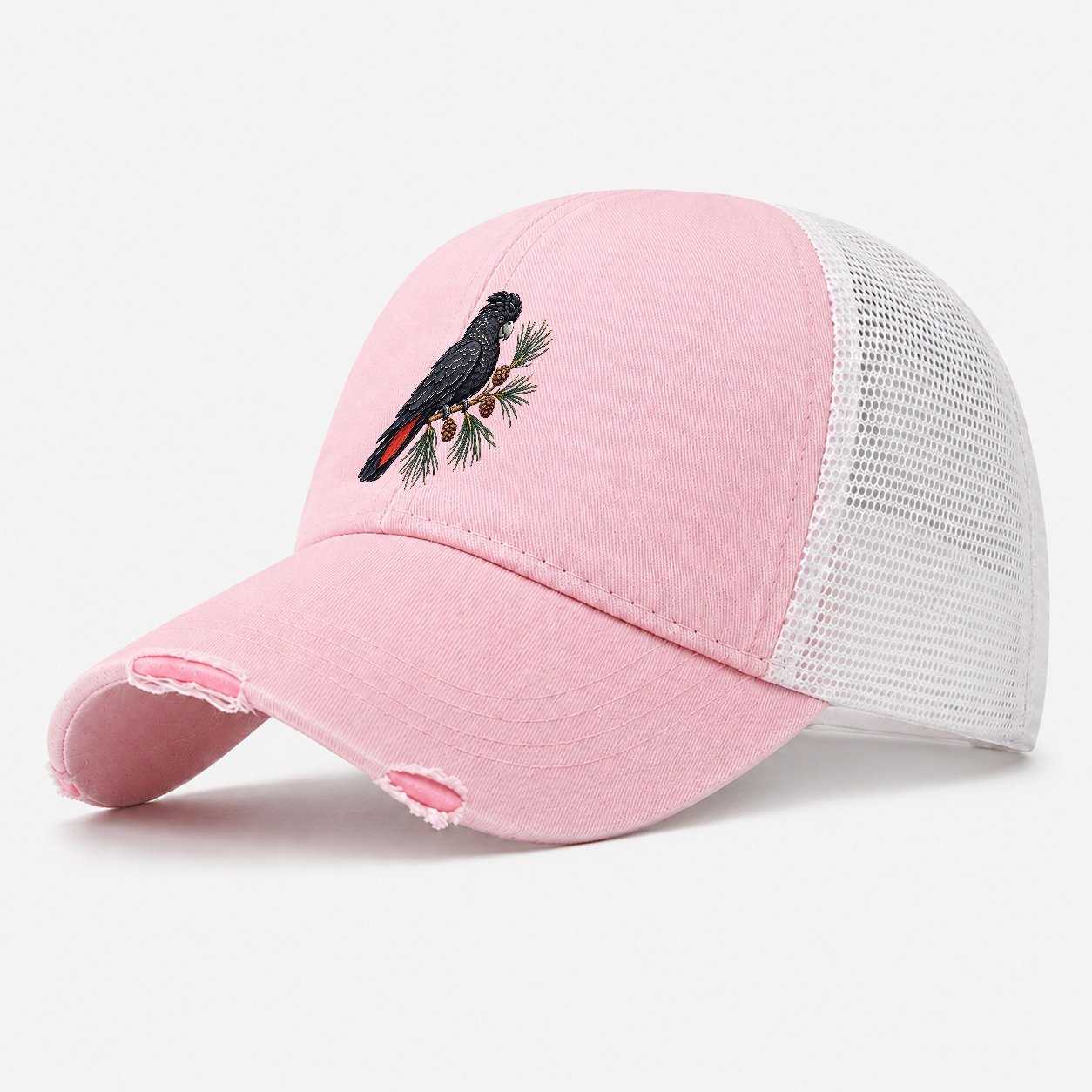 Glossy Black Cockatoo And She Oak Cones Australia Cultural Icons Washed Trucker Hat – Light Pink