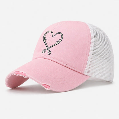 Hook Heart Fishing Elegant Washed Trucker Hat – Light Pink