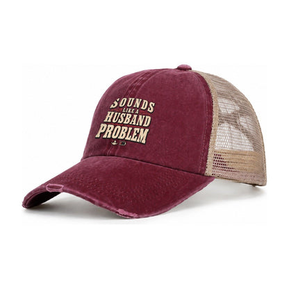 Sounds Like A Husband Problem American Wit Women's Ponytail Trucker Hat – Burgundy Khaki