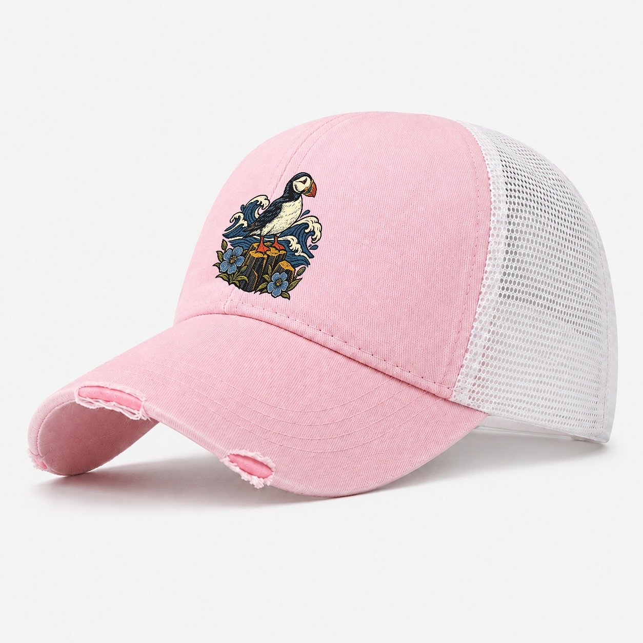Causeway Coast Puffin And Flax Flowers Uk Culture Heritage Washed Trucker Hat – Light Pink