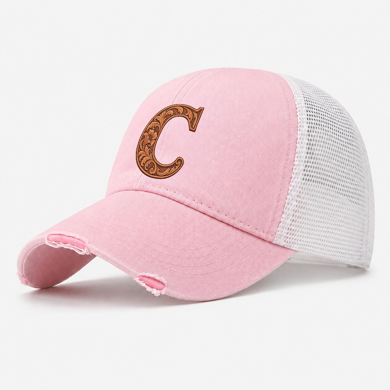 Tooled Leather C Monogram Washed Trucker Hat – Light Pink