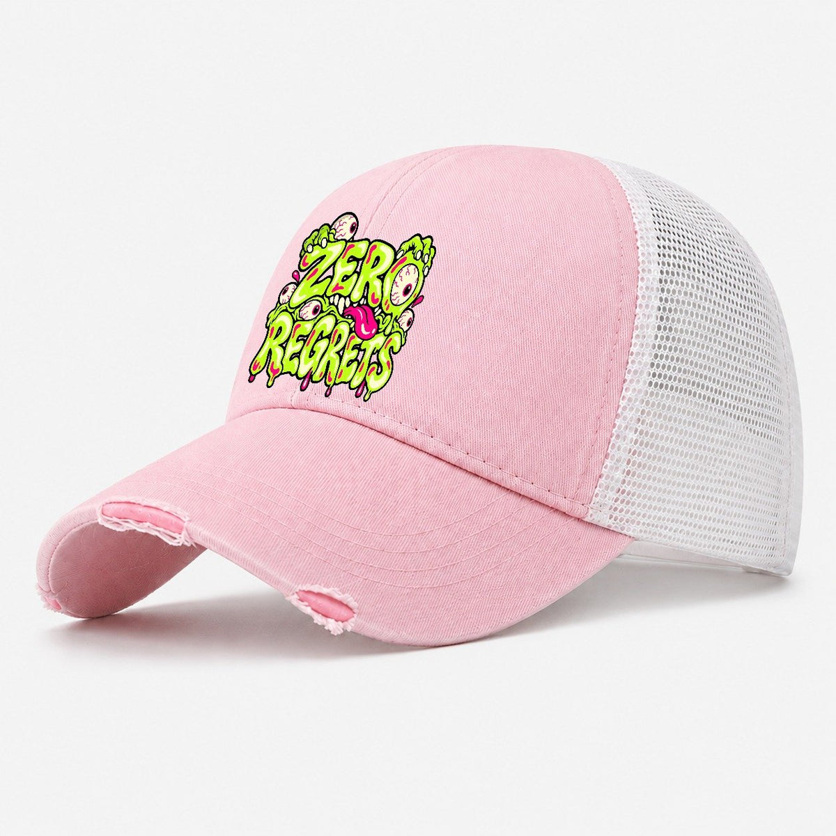 Zero Regrets Crazy Styles Washed Trucker Hat – Light Pink