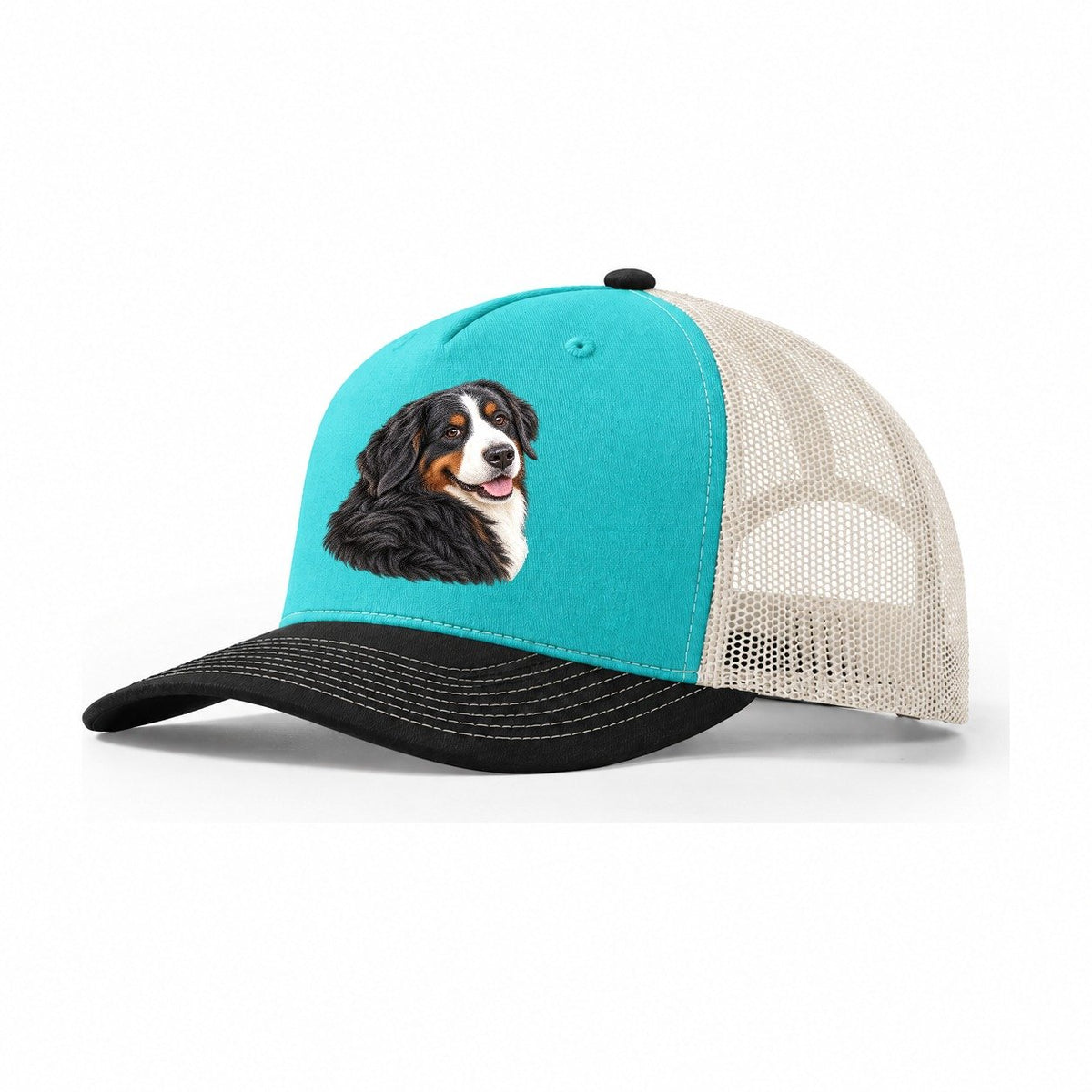 Bernese Over Shoulder Welcome Pastimes Companions Trucker Hat – Aqua Black White