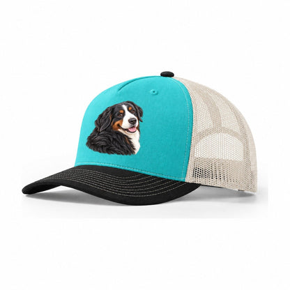 Bernese Over Shoulder Welcome Pastimes Companions Trucker Hat – Aqua Black White