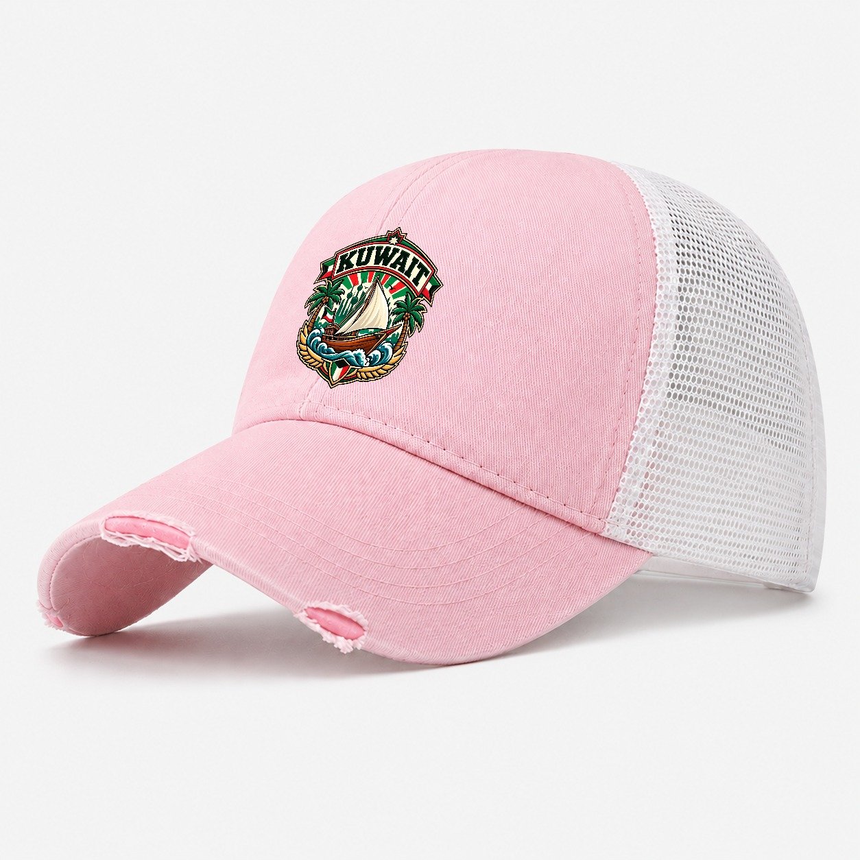 Kuwait Retro Badge Country Logos Washed Trucker Hat – Light Pink
