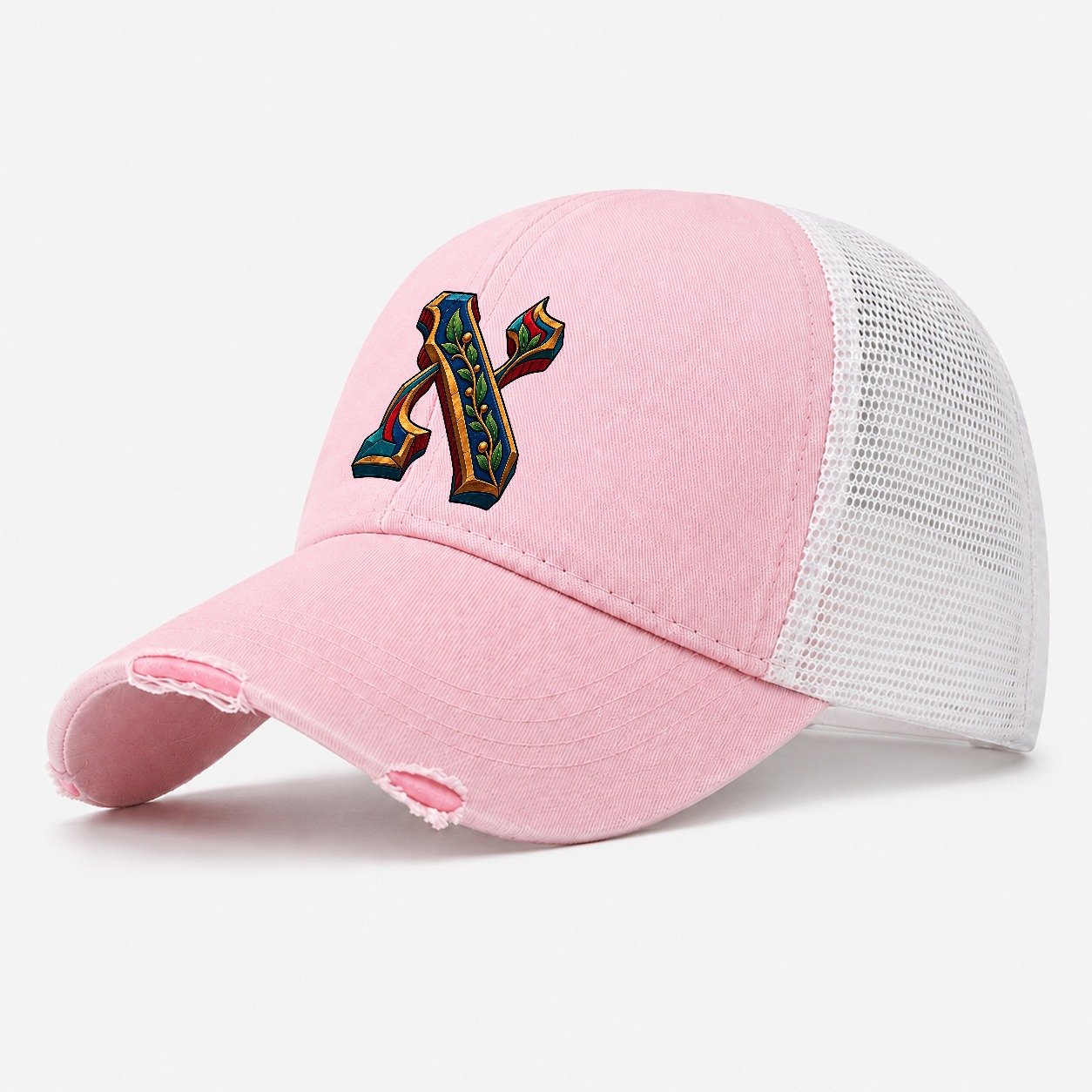 Aleph Letter Monogram Judaism Heritage Washed Trucker Hat – Light Pink