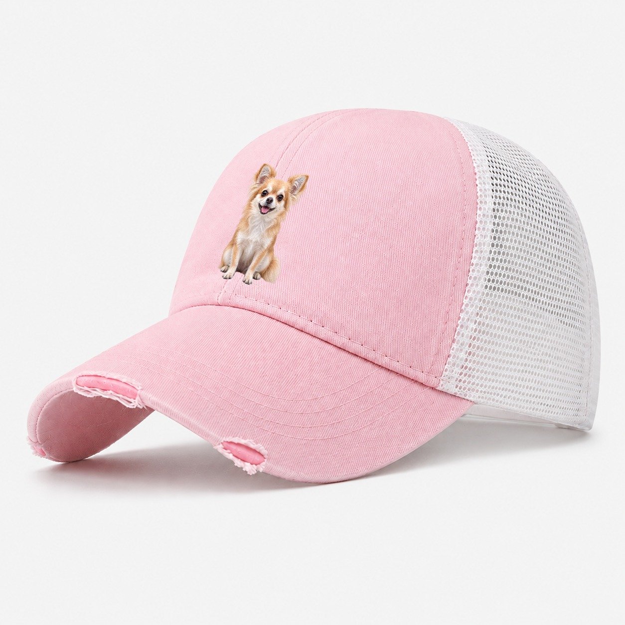 Chihuahua Sitting Top Breeds Washed Trucker Hat – Light Pink