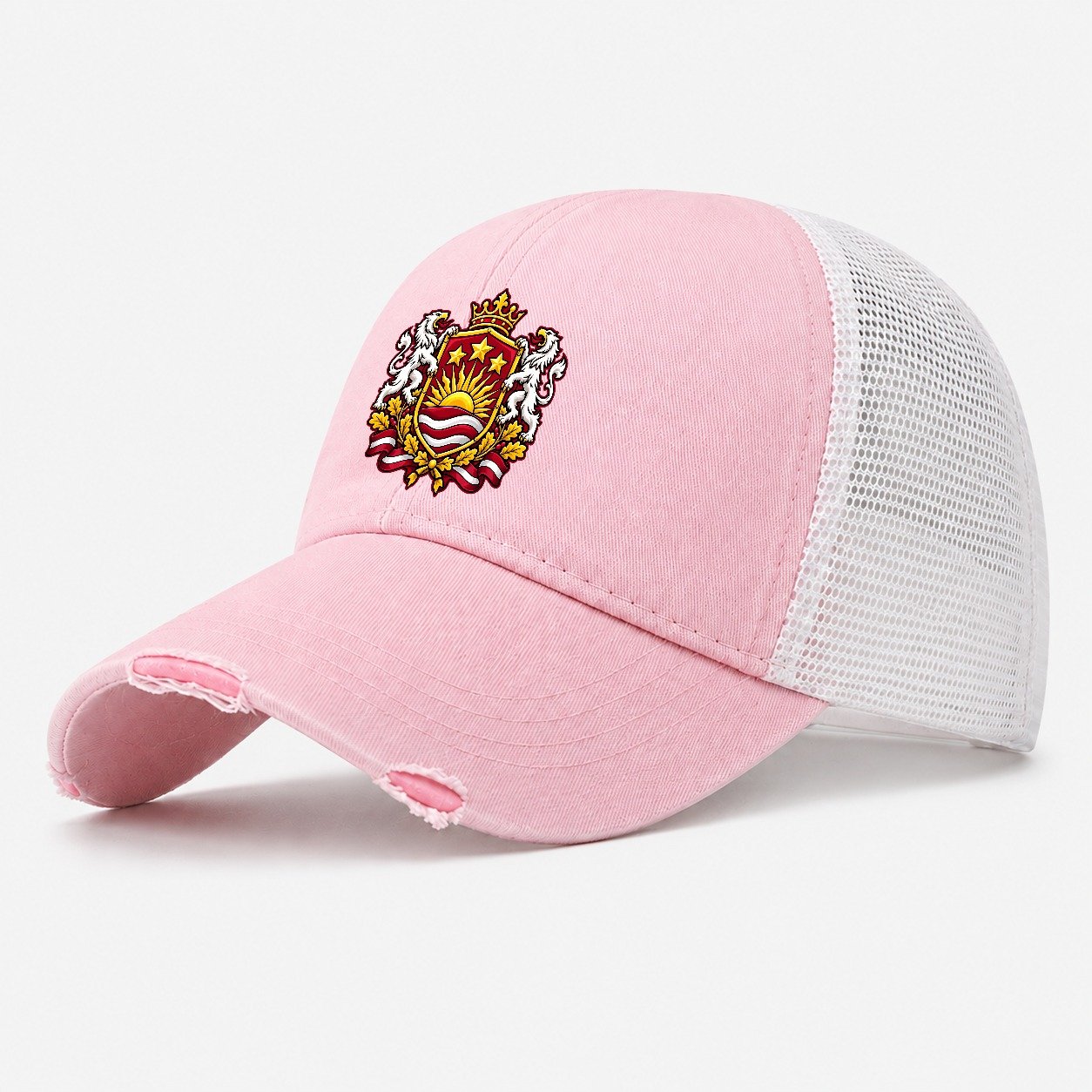 Latvia Heraldic Crest Country Logos Washed Trucker Hat – Light Pink