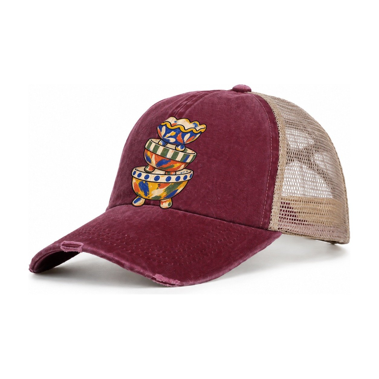 Footed Bowl Stack Clay Color Makers Women's Ponytail Trucker Hat – Burgundy Khaki