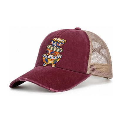 Footed Bowl Stack Clay Color Makers Women's Ponytail Trucker Hat – Burgundy Khaki