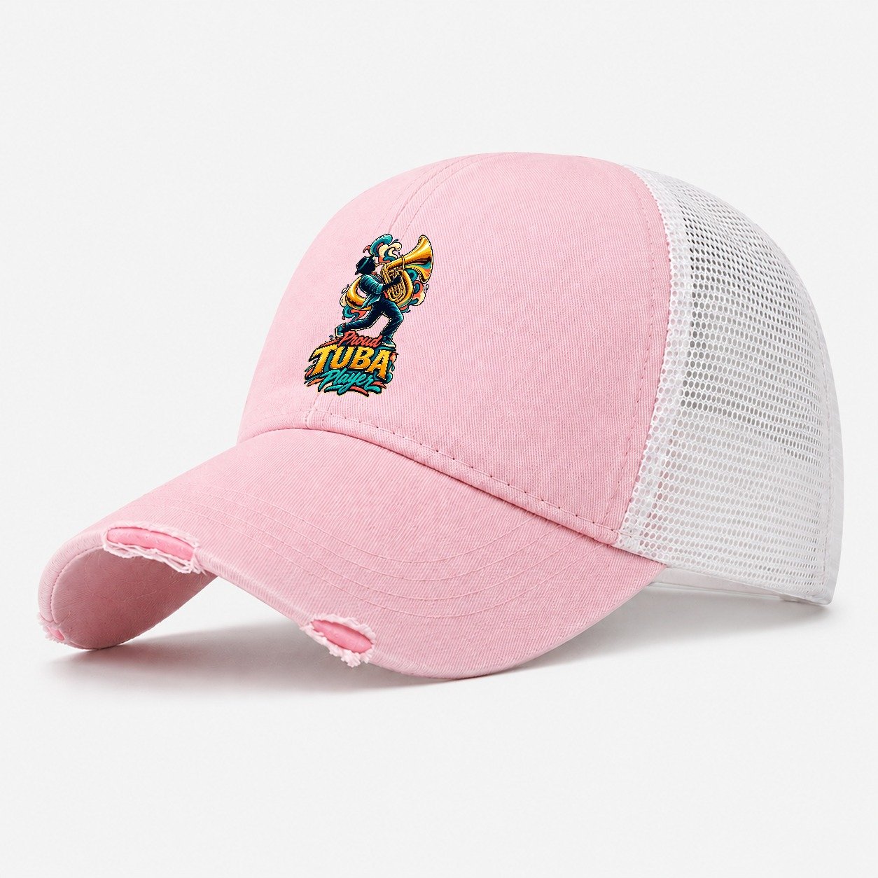 Proud Tuba Player Music Instruments Washed Trucker Hat – Light Pink