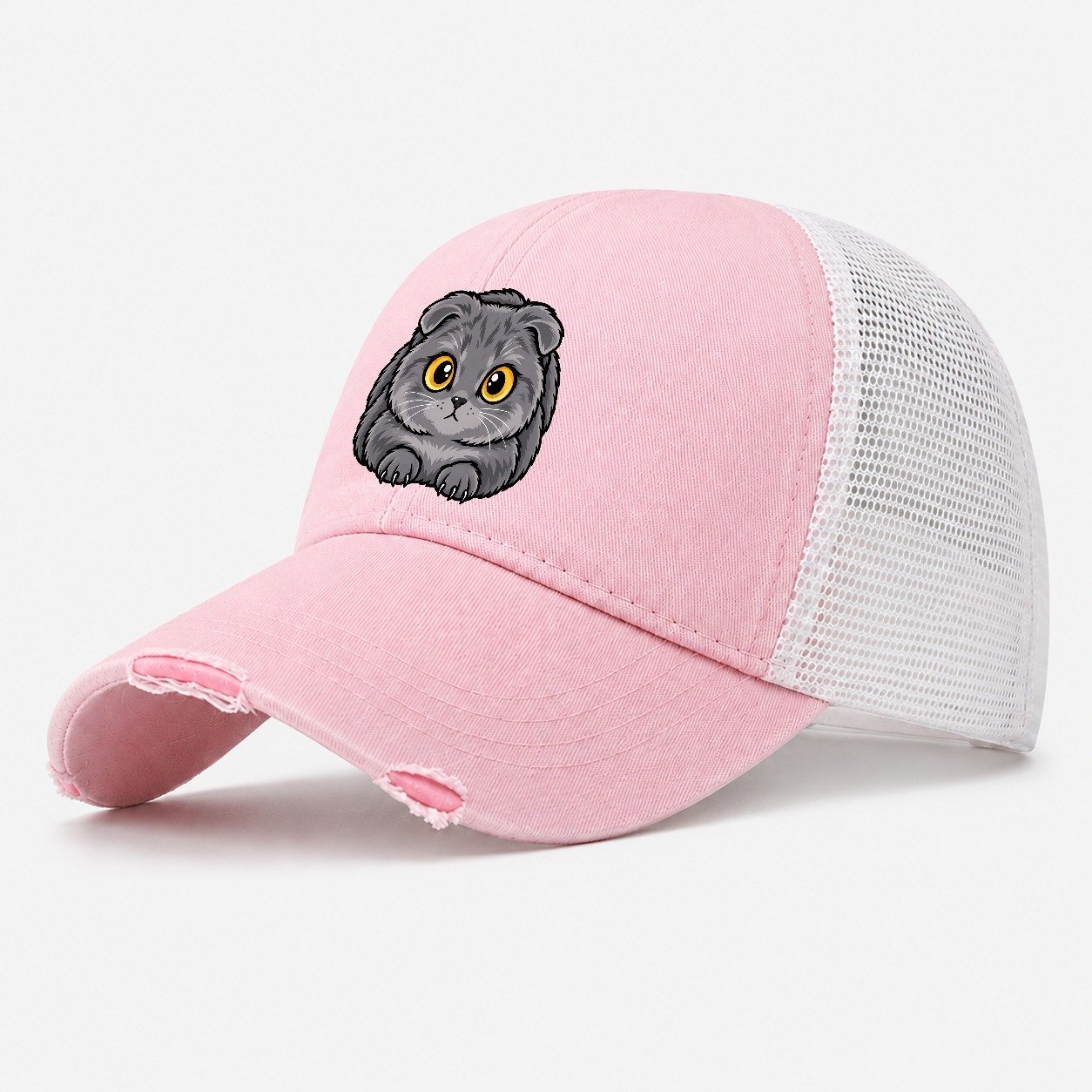Scottish Fold Loaf Peeking Cats Washed Trucker Hat – Light Pink