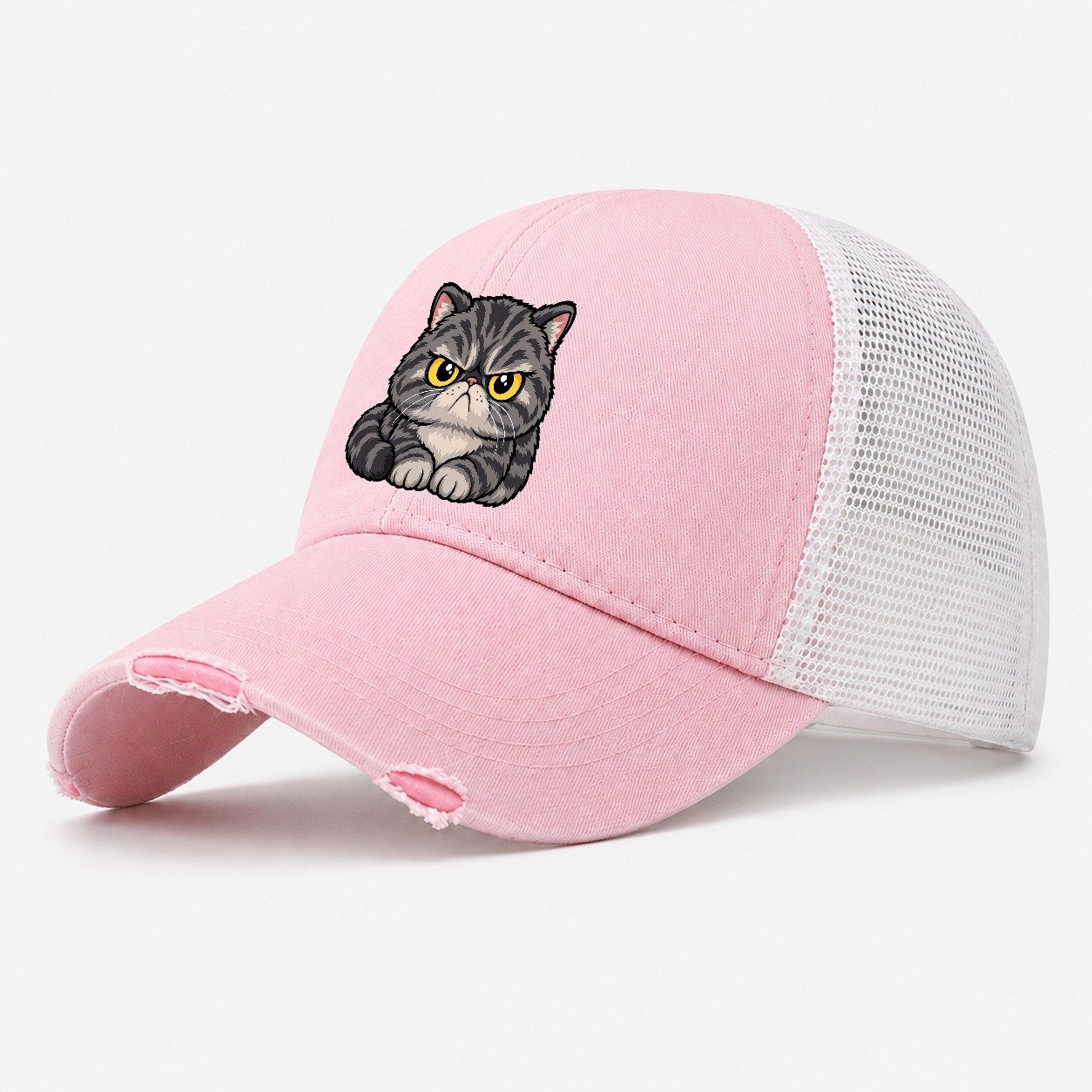 Exotic Shorthair Grumpy Sit Peeking Cats Washed Trucker Hat – Light Pink