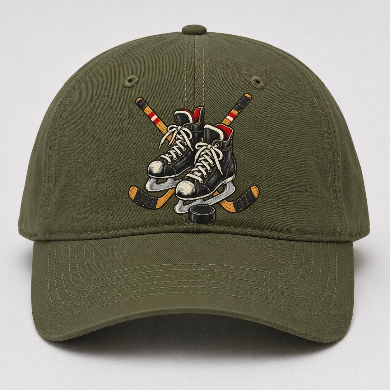 Backyard Hockey Skates Sticks And Puck Canada Cultural Icons Baseball Cap – Army Green