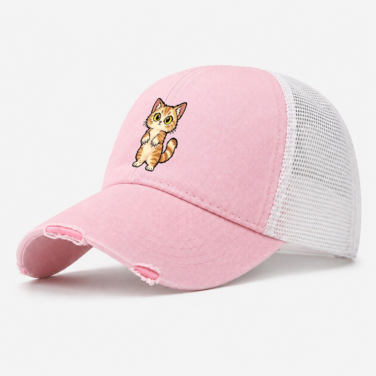 Munchkin Standing Up Peeking Cats Washed Trucker Hat – Light Pink