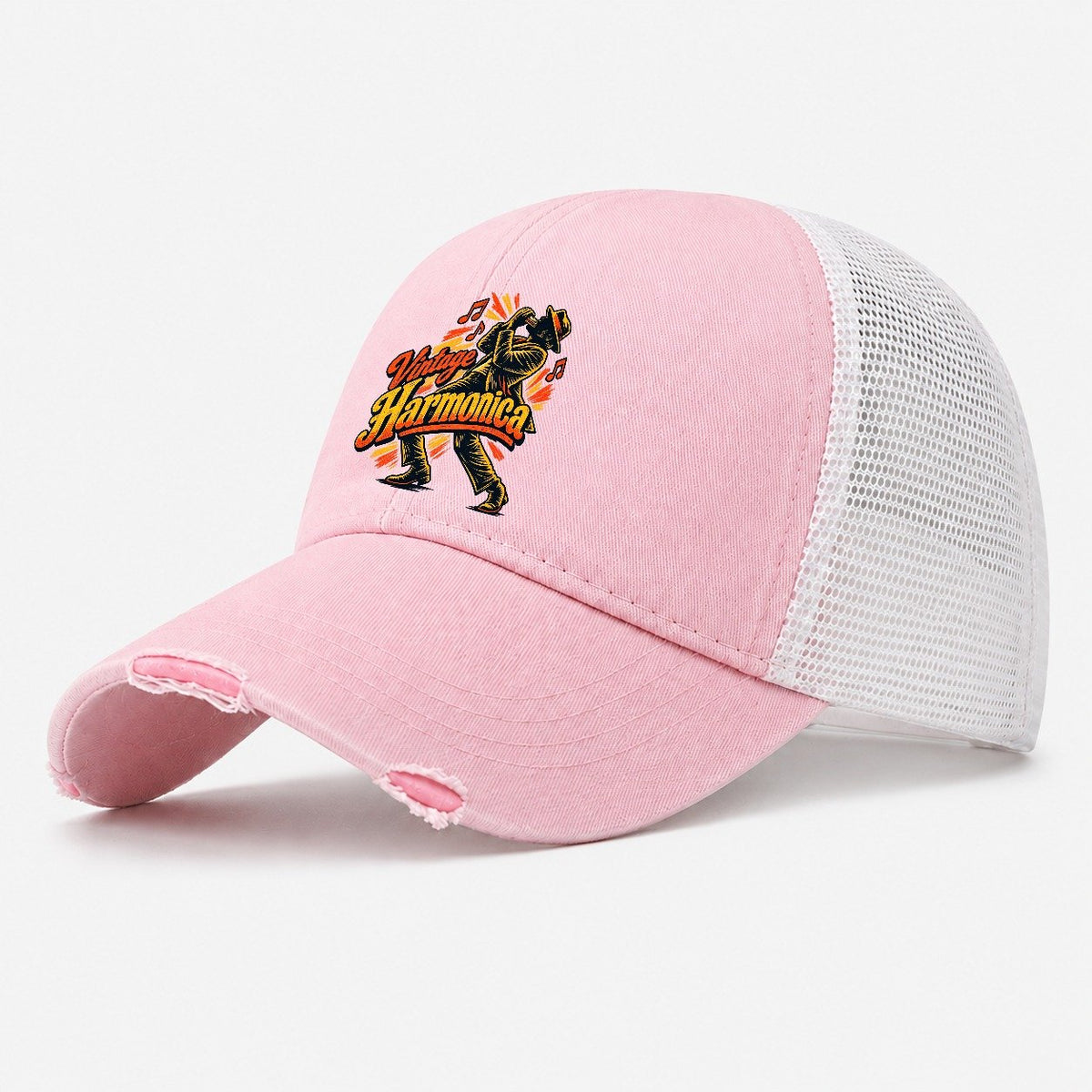 Woodcut Harmonica Washed Trucker Hat – Light Pink
