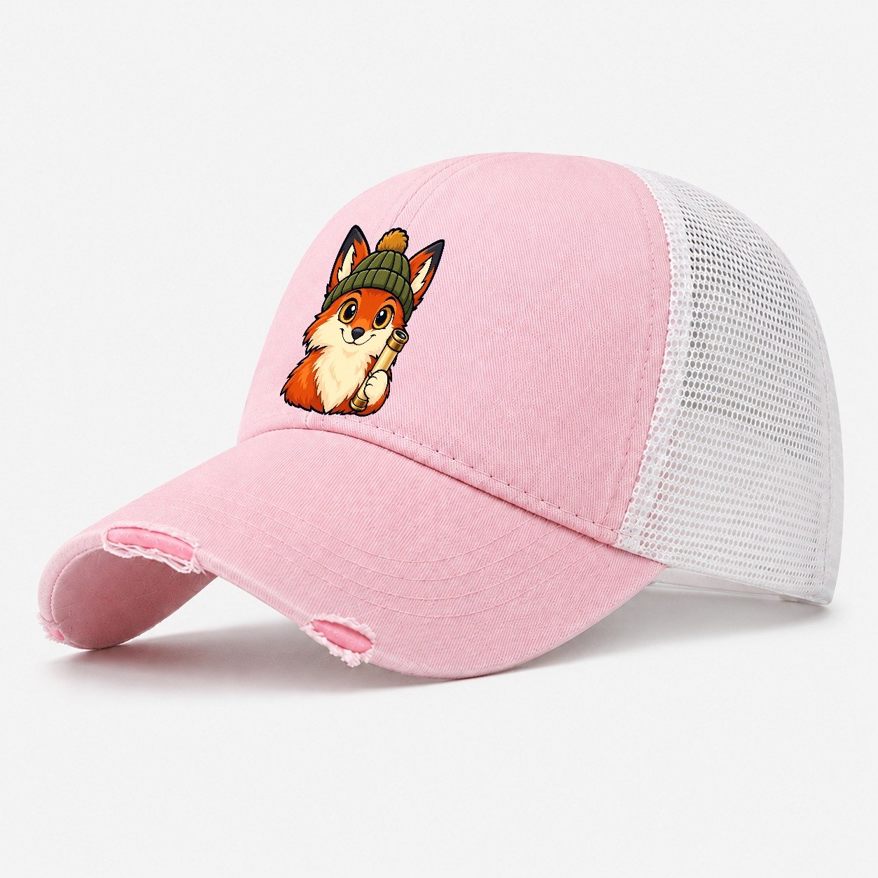 Stargazing Fox In A Beanie Astronomy And Stargazing Washed Trucker Hat – Light Pink