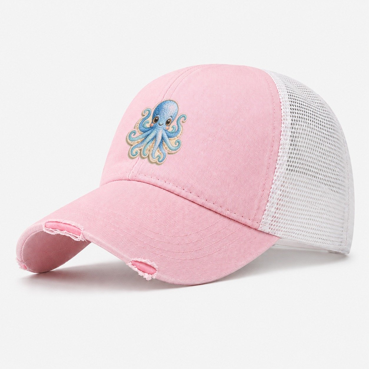 Pufferfish Puff Hello Sea Sprite Washed Trucker Hat – Light Pink