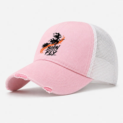 Born To Fly Slogan Witch Magic Washed Trucker Hat – Light Pink