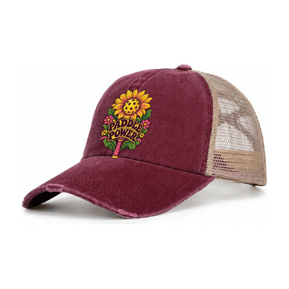 Sunflower Paddle Power Pickleball Life Women's Ponytail Trucker Hat – Burgundy Khaki