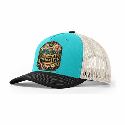 Jerusalem Luggage Label Jerusalem Trucker Hat – Aqua Black White
