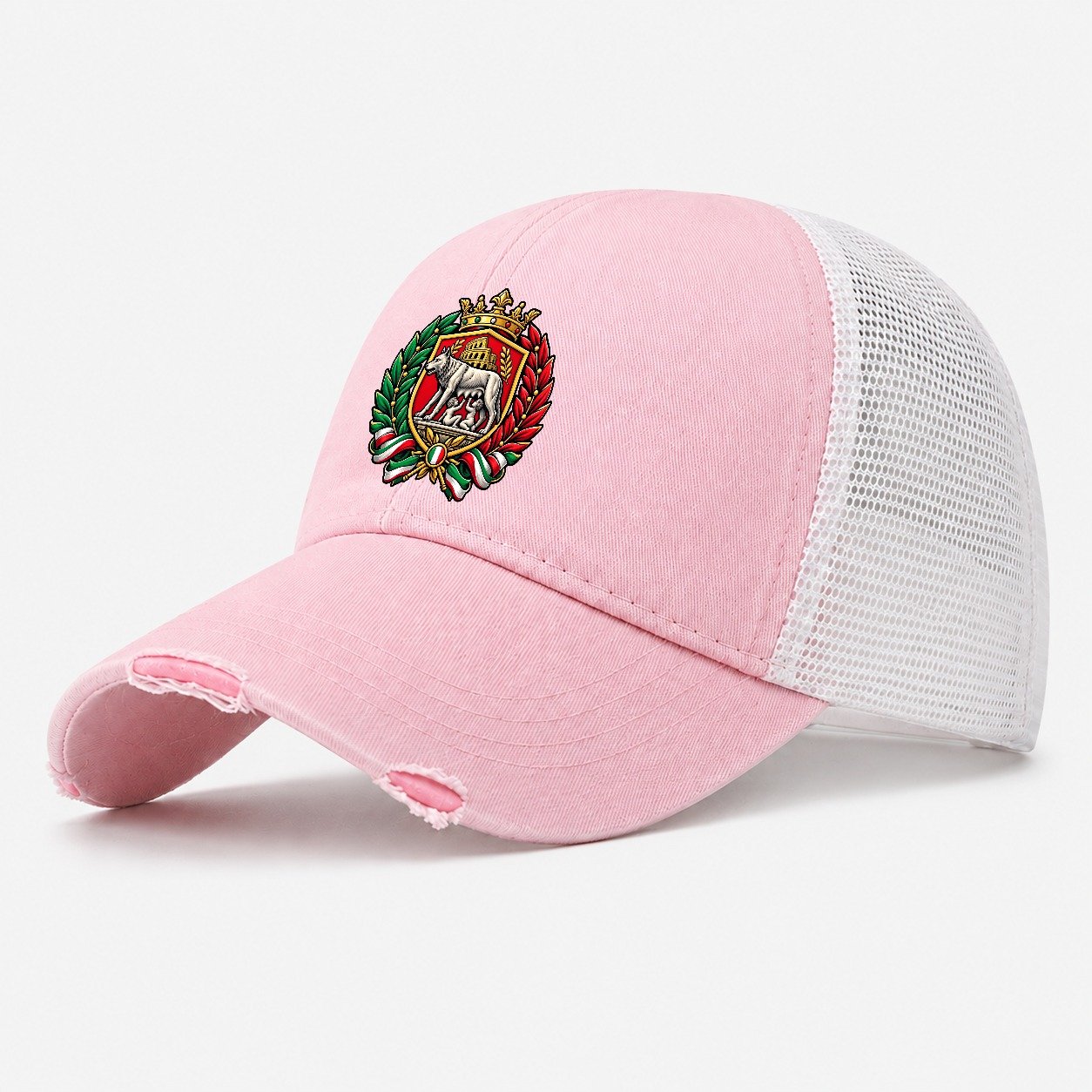 Italy Heraldic Crest Country Logos Washed Trucker Hat – Light Pink
