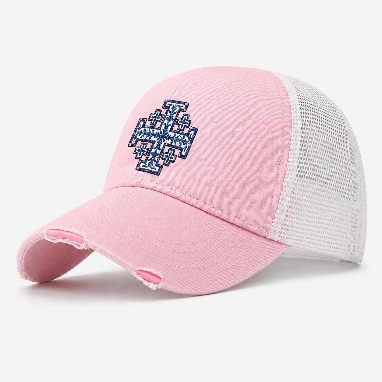 Blue And White Glazed Tile Jerusalem Cross Washed Trucker Hat – Light Pink
