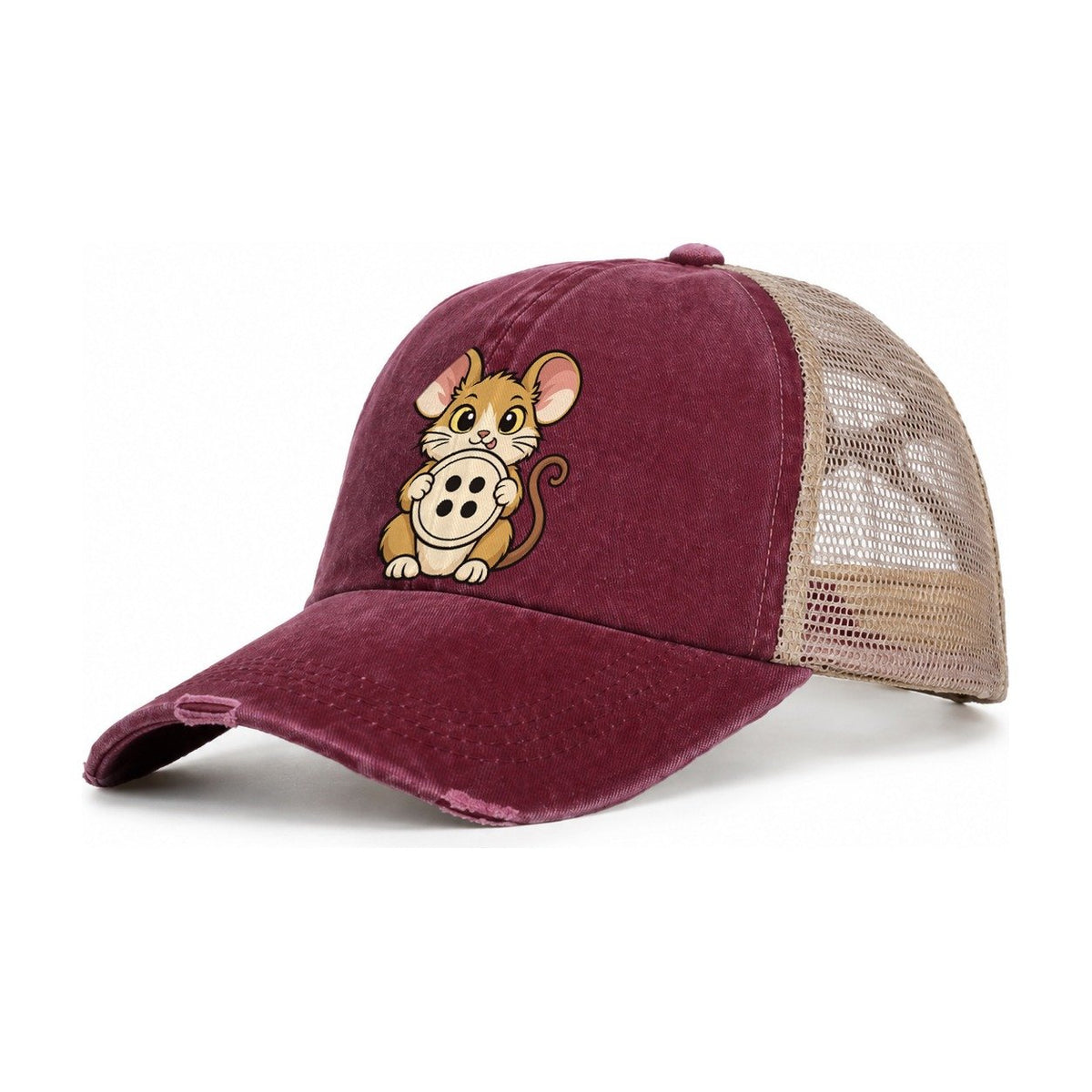 The Sewing Room Mouse Sewing And Quilting Women's Ponytail Trucker Hat – Burgundy Khaki