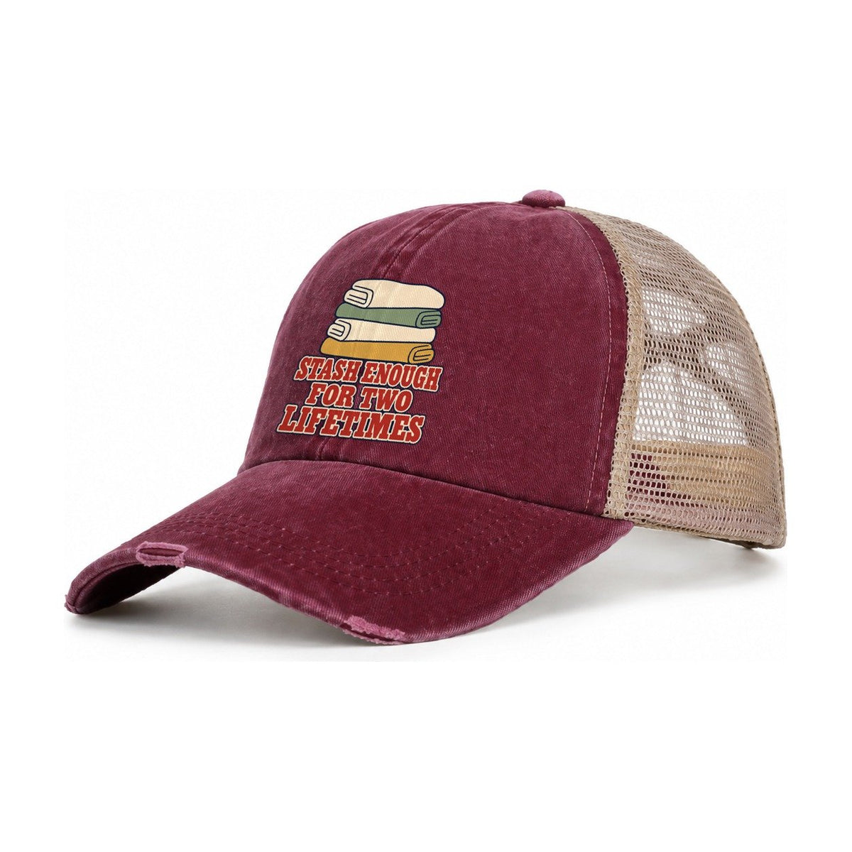 Stash Enough For Two Lifetimes Sewing And Quilting Women's Ponytail Trucker Hat – Burgundy Khaki