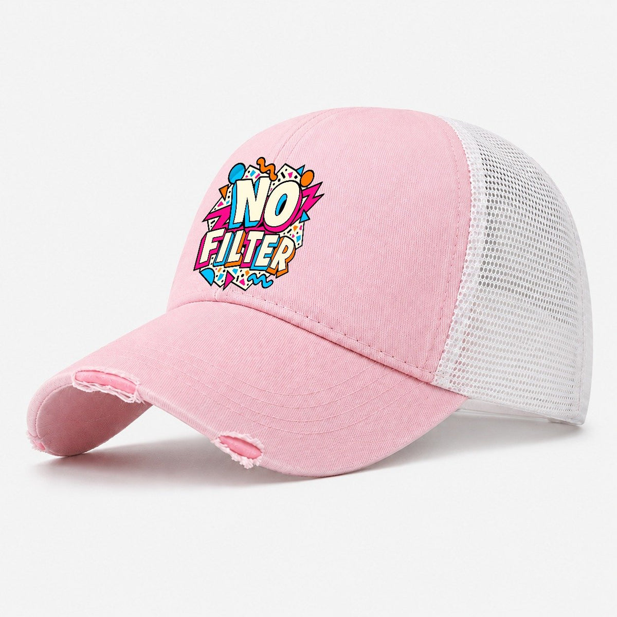 No Filter Crazy Styles Washed Trucker Hat – Light Pink