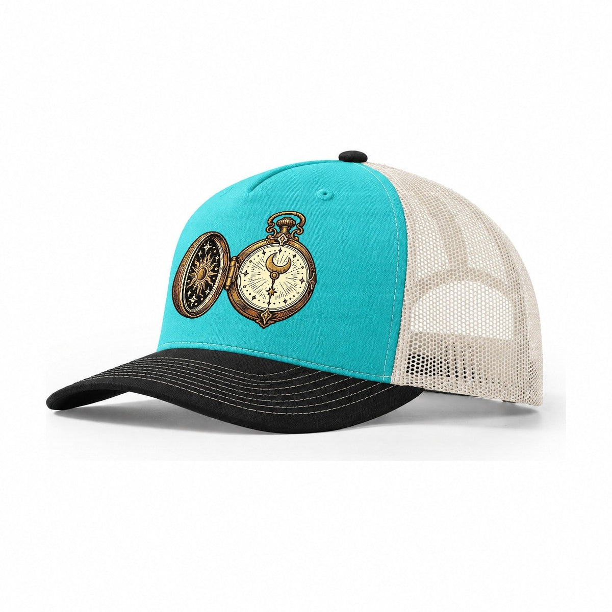 Night Watch Pocketwatch Sundown Familiars Trucker Hat – Aqua Black White