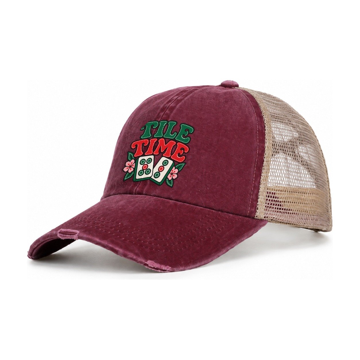Tile Time Mahjong Game Night Women's Ponytail Trucker Hat – Burgundy Khaki