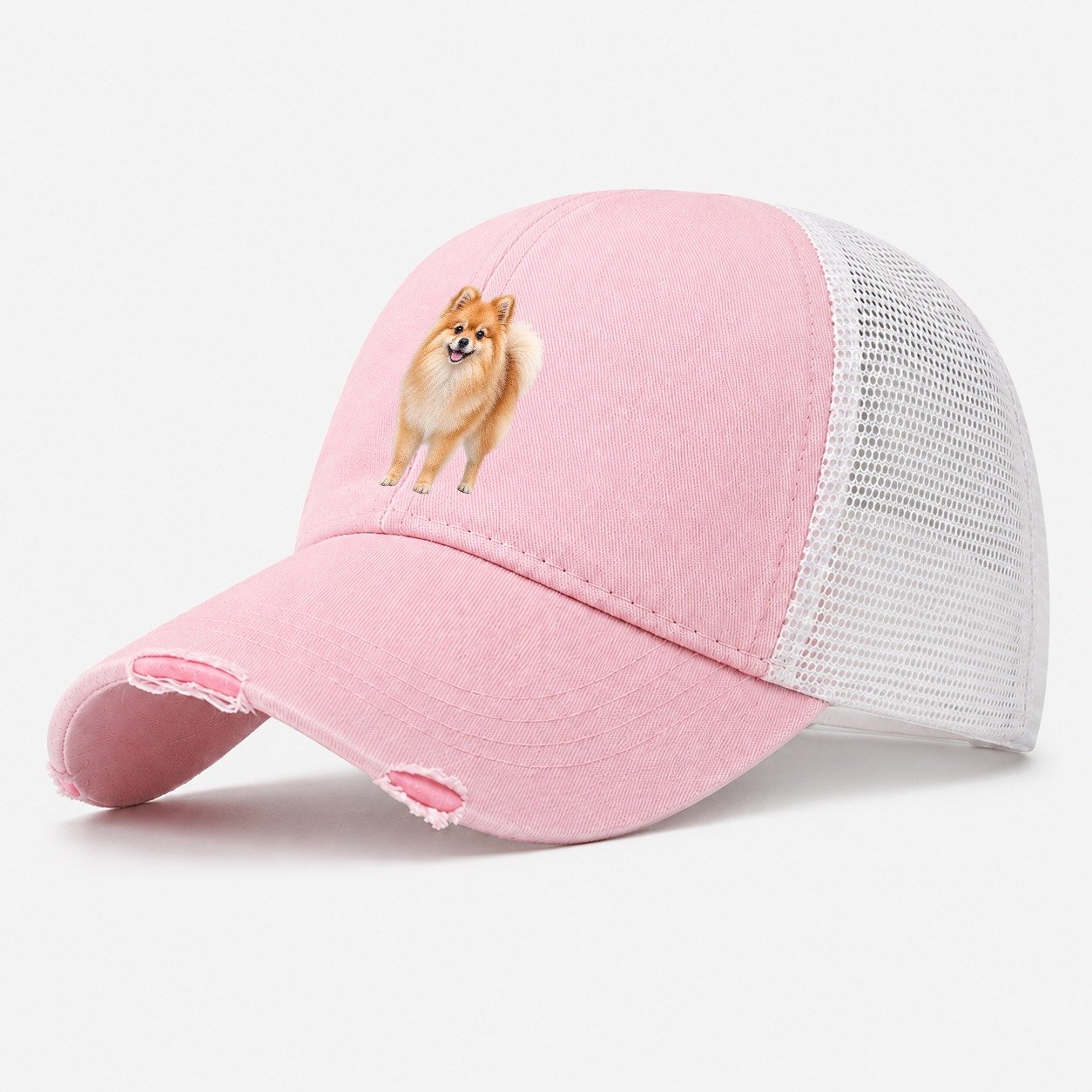 Pomeranian Standing Top Breeds Washed Trucker Hat – Light Pink