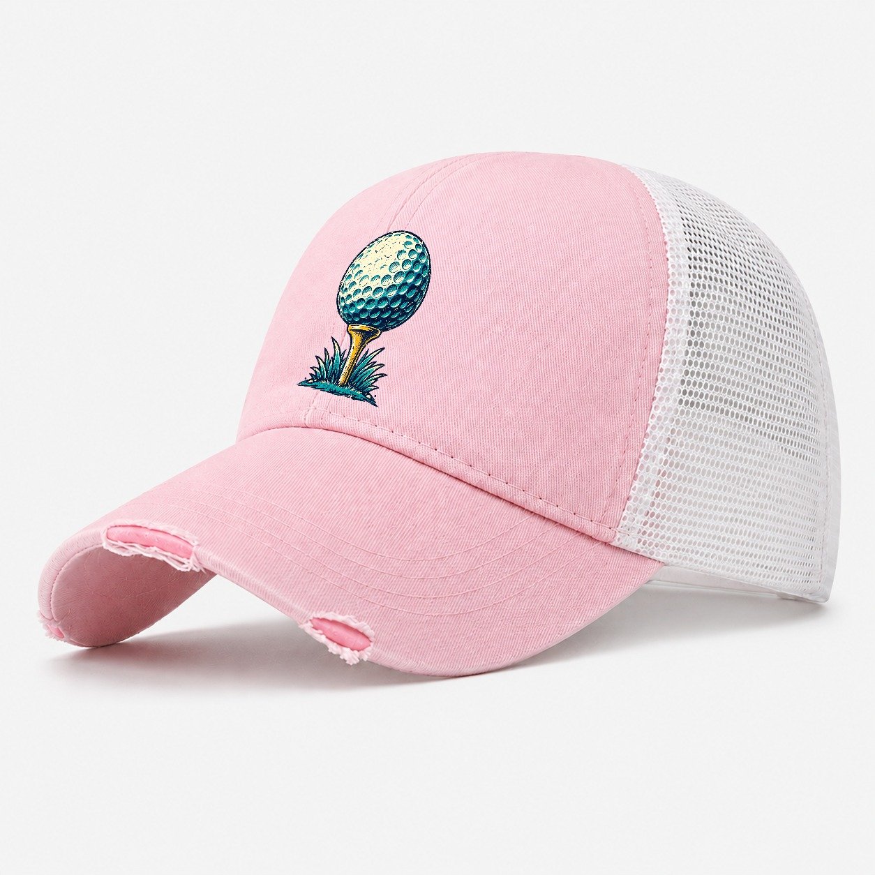 Tee And Ball Mark Golf Life Washed Trucker Hat – Light Pink