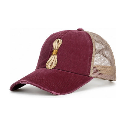 Floss Skein And Band Women's Ponytail Trucker Hat – Burgundy Khaki