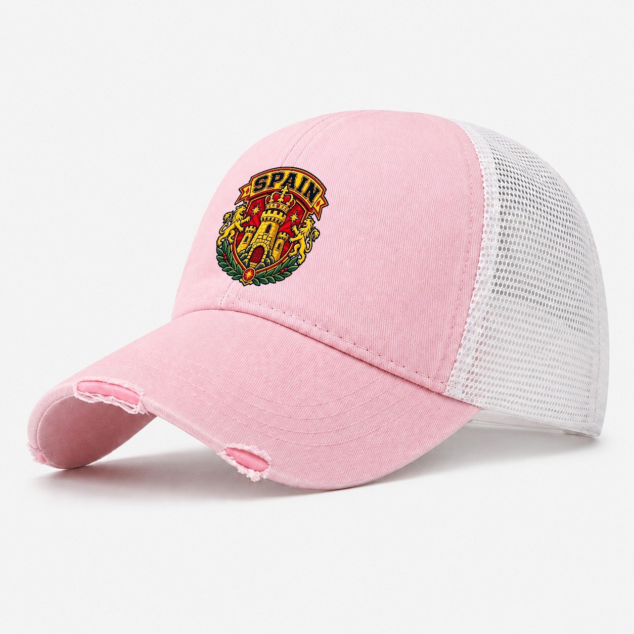 Spain Retro Badge Country Logos Washed Trucker Hat – Light Pink