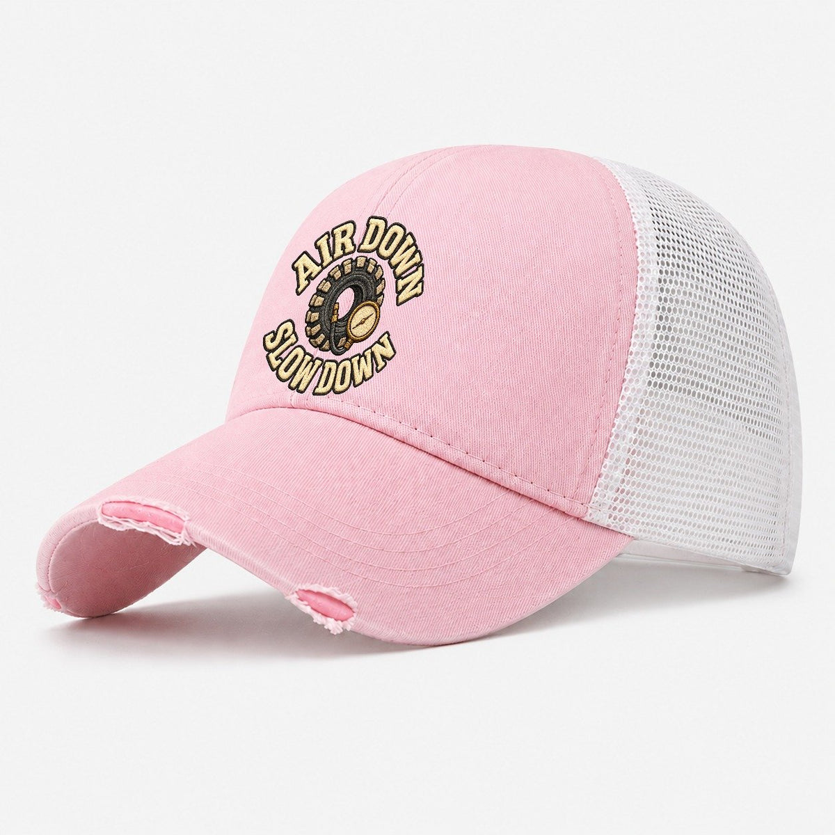 Air Down Slow Down Off Roading And Overlanding Washed Trucker Hat – Light Pink