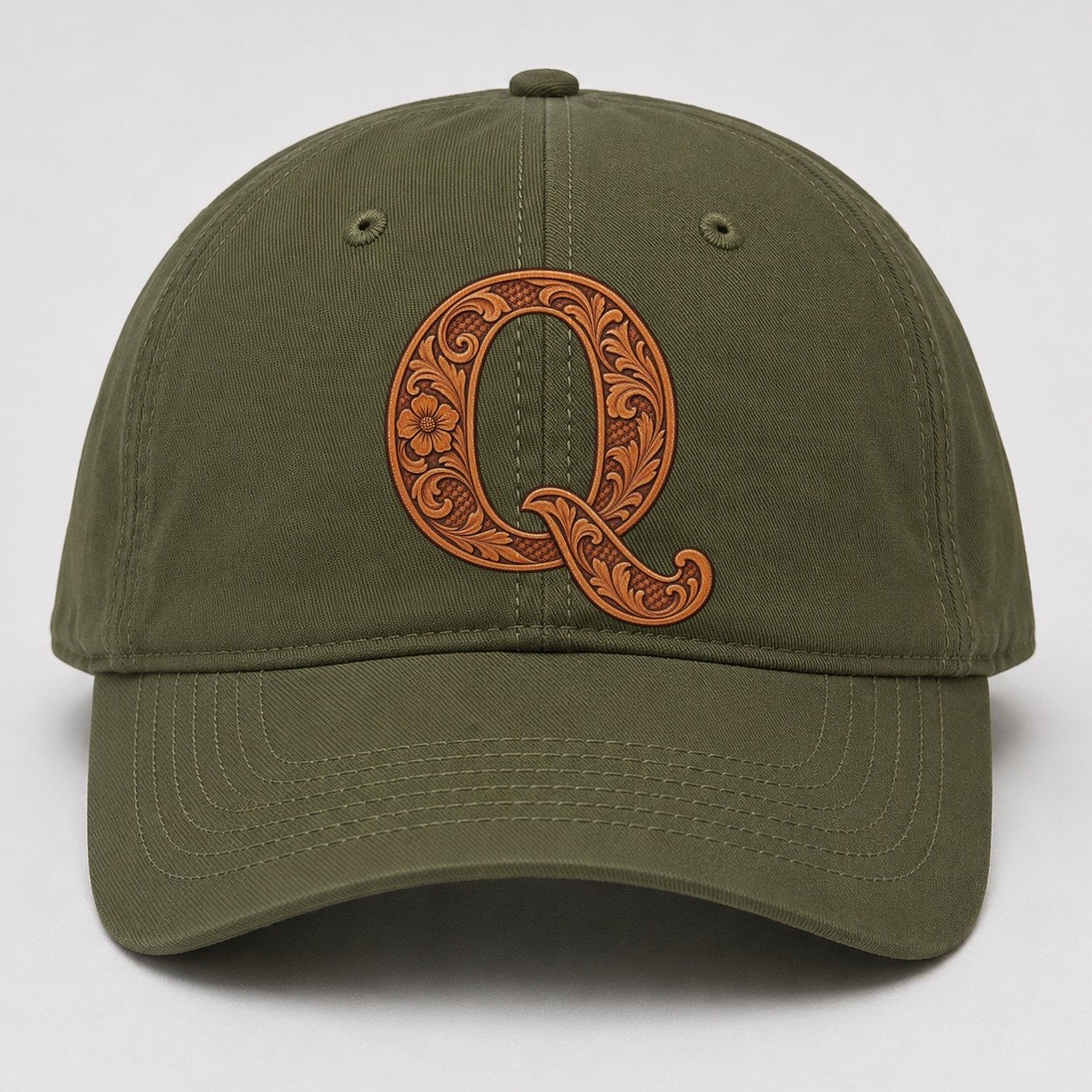 Tooled Leather Q Monogram Baseball Cap – Army Green