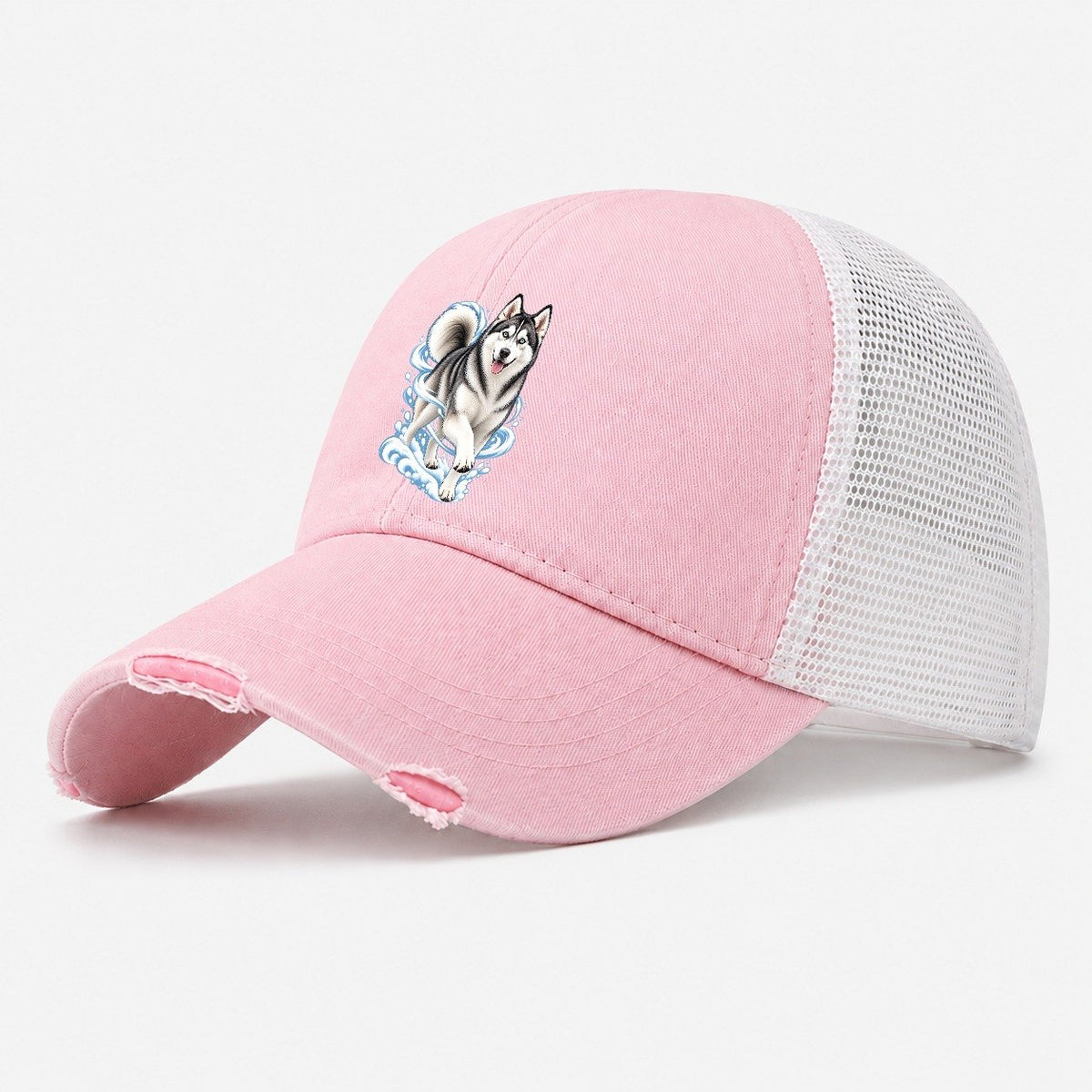 Blue-Eyed Husky Snow Swirl Washed Trucker Hat – Light Pink