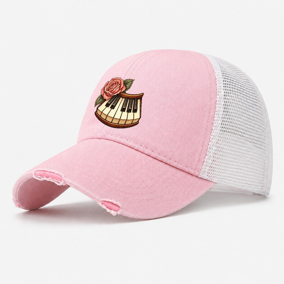 Piano And Garden Rose Character Club Washed Trucker Hat – Light Pink