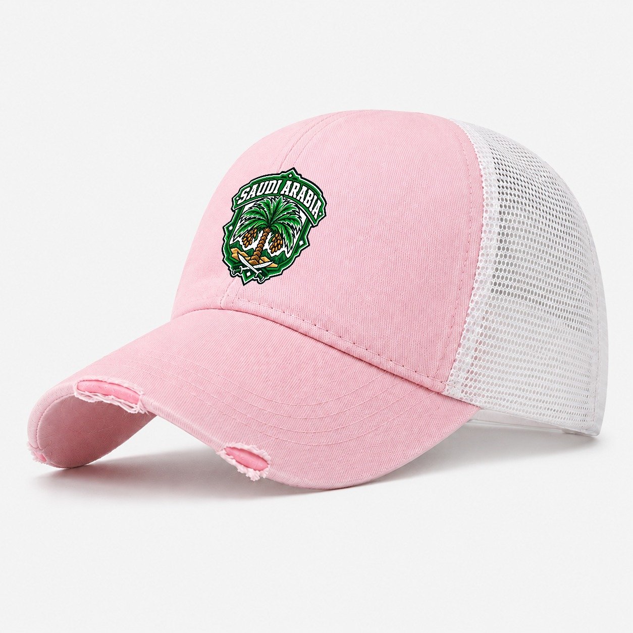 Saudi Arabia Retro Badge Country Logos Washed Trucker Hat – Light Pink