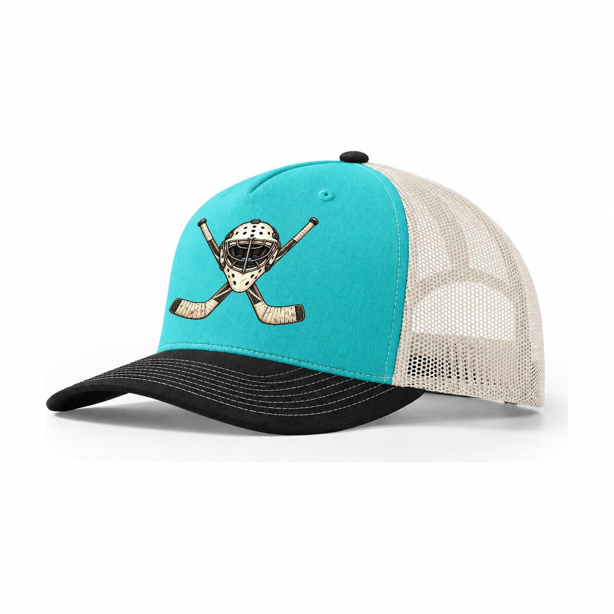 Goalie Mask And Crossed Sticks Character Club Trucker Hat – Aqua Black White