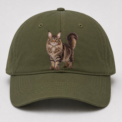 Maine Coon Standing Three Quarter Realistic Cat Portrait Baseball Cap – Army Green